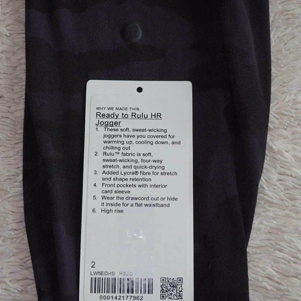 Women's Size 2 Lululemon Ready to Rulu High Rise Jogger, Full Length, Black Camo